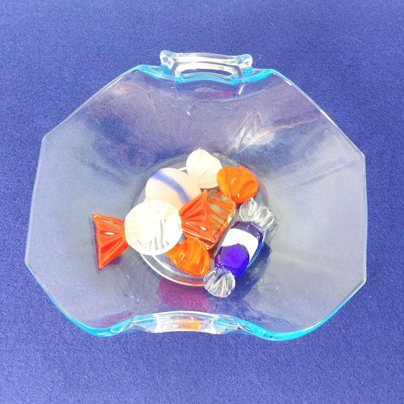 Candy Dish Candle Holder Blue Glass Folded Sides Decorative Handles Vintage - Picture 3 of 8